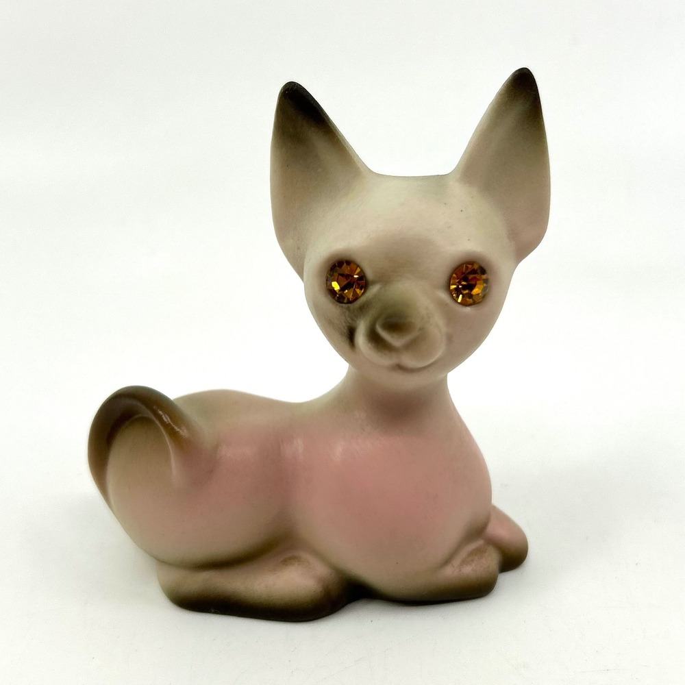 Vintage Roselane Pottery Siamese Cat Figurine Rhinestone Eyes USA Pottery